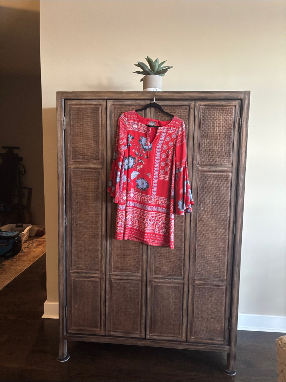 Women's Red Floral Midi Dress with Bell Sleeves